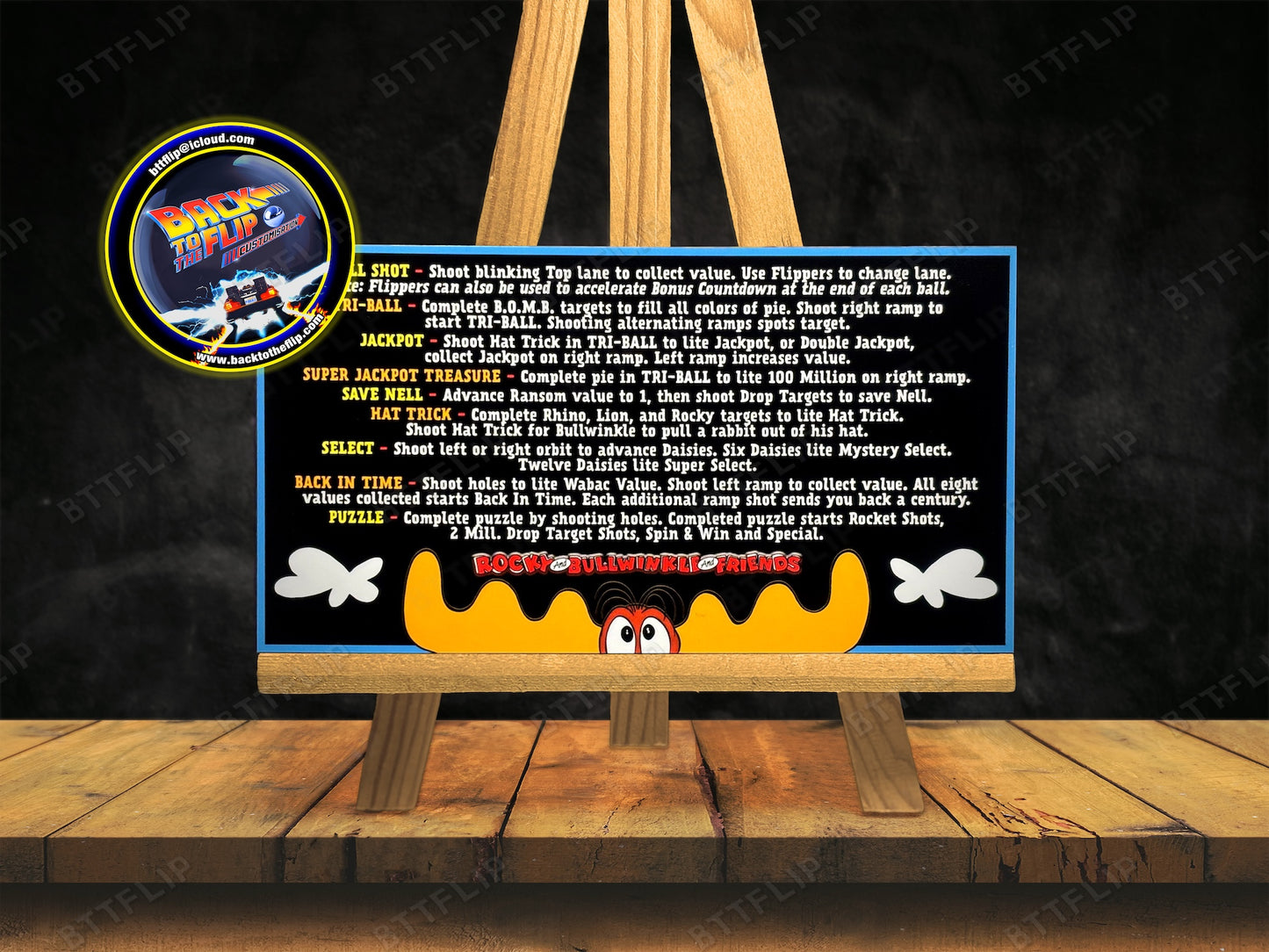 Data East LAS AVENTURAS DE ROCKY Y BULLWINKLE Y AMIGOS 1993 Reglas del juego Tarjetas Instrucciones Pinball Delantal personalizado V1