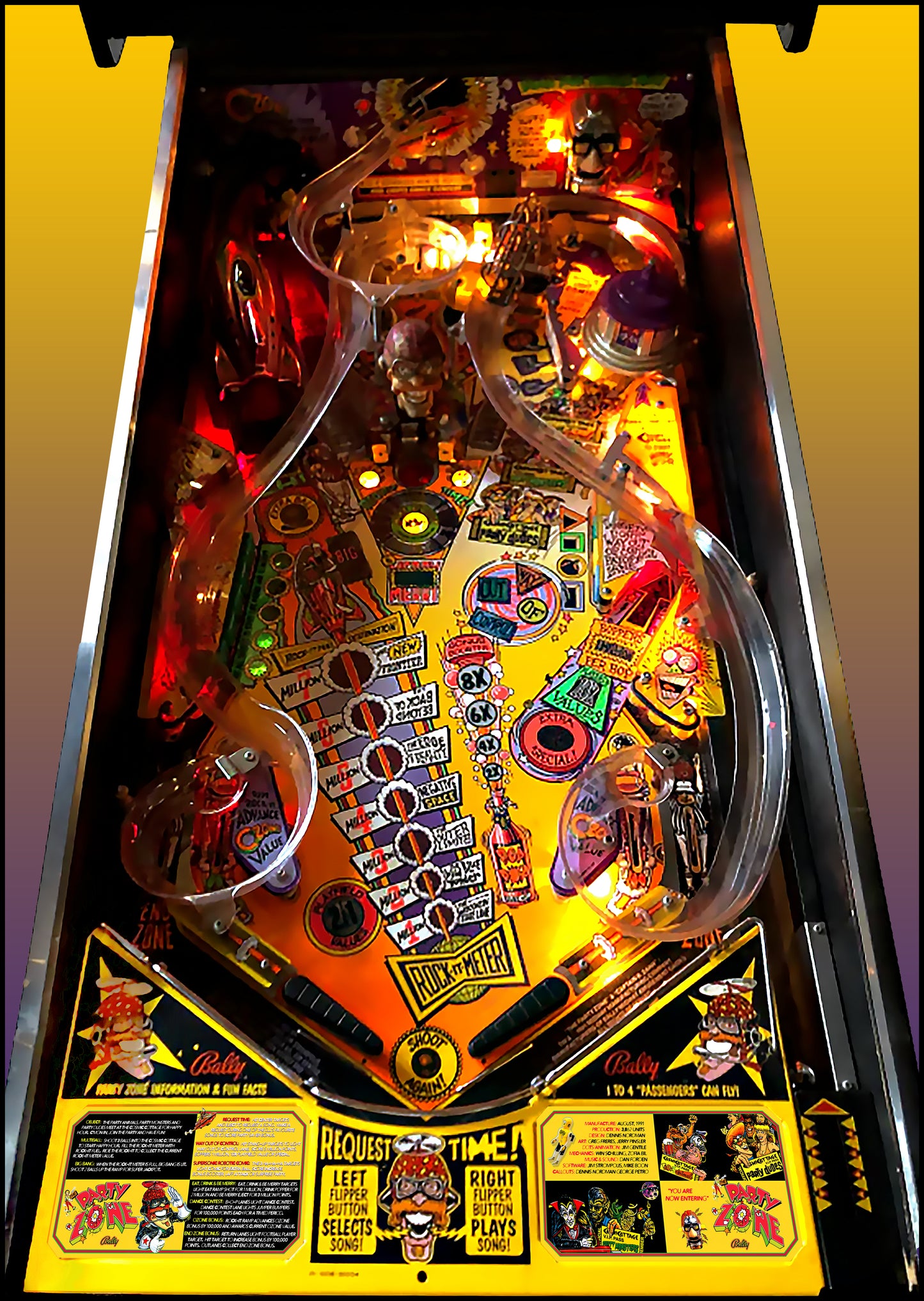 Instrucciones de las tarjetas del juego Bally Party Zone 1991, delantal personalizado de pinball, reglas impresas V2