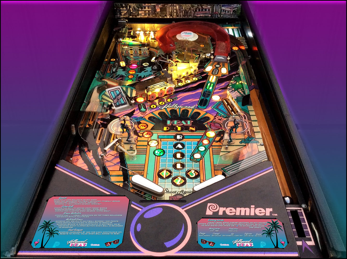 Gottlieb Hollywood Heat 1986 Game Cards Instructions Pinball Custom Apron Printed Rules V2