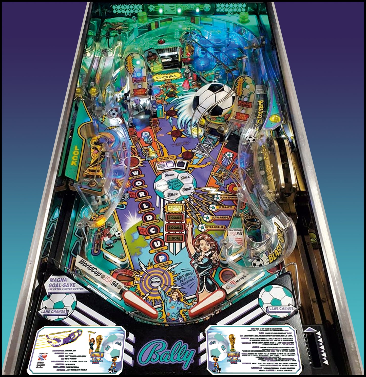 Bally World Cup Soccer USA 1994 WH Jeu Cartes Instructions Flipper Custom Apron règles imprimées