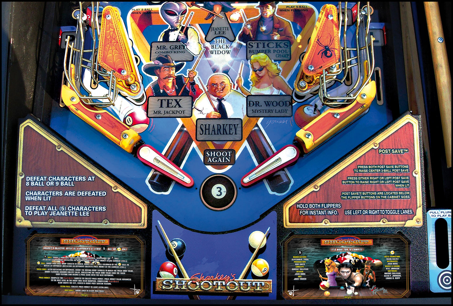 Instrucciones de las tarjetas de juego Stern Sharkey's Shootout 2000, reglas de las tarjetas de delantal de pinball con impresión personalizada de Pinball V1