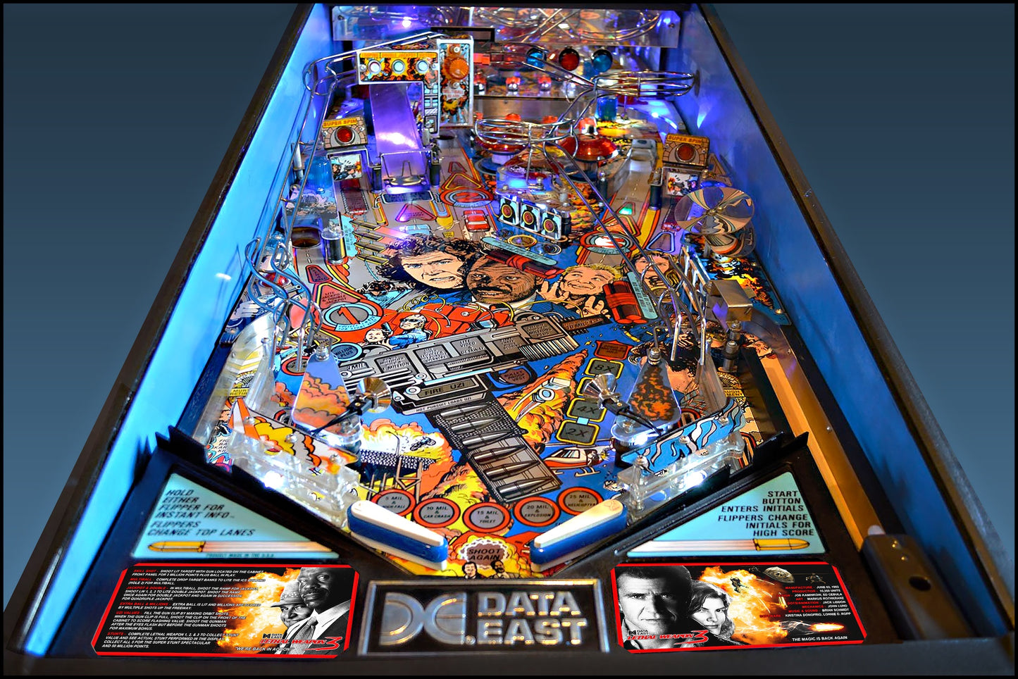 Data East Lethal Weapon 1992 Jeu Cartes Instructions Flipper Custom Apron règles imprimées V2