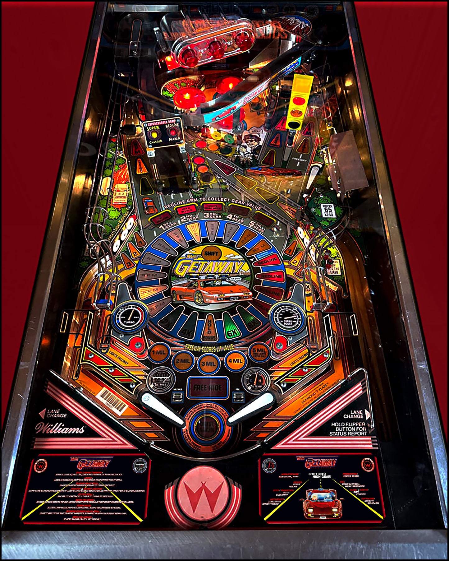 Williams The Getaway 1992 Jeu Cartes Instructions Flipper Custom Apron règles imprimées V2