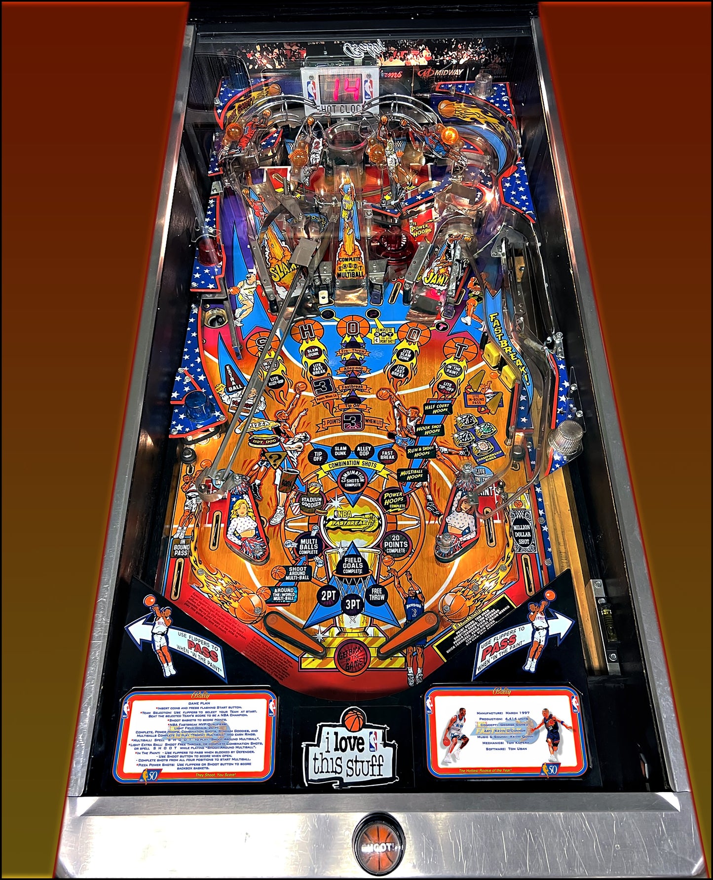 Bally NBA FASTBREAK 1997 Game Cards Instructions Pinball Custom Apron Printed Rules V4