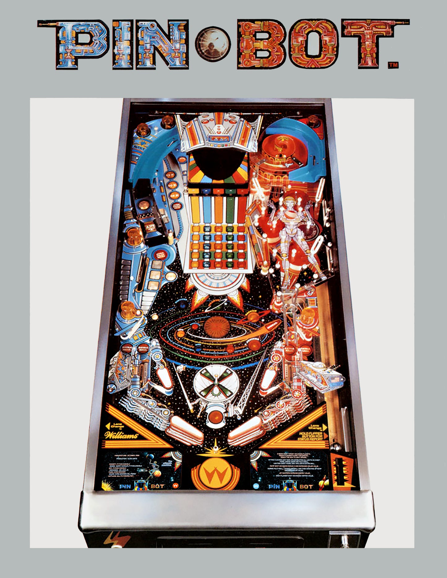 Instrucciones de las tarjetas de juego Williams Pinbot 1986, delantal personalizado de pinball, reglas impresas