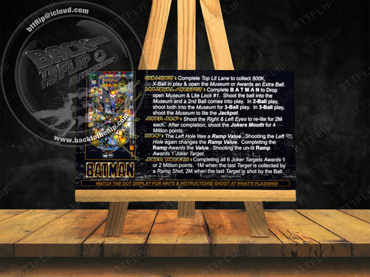 Data East Batman 1991 Jeu Cartes Instructions Flipper Custom Apron règles imprimées V3