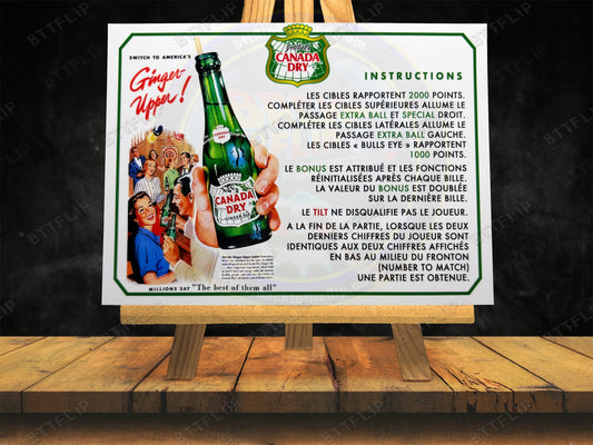 Gottlieb Canada Dry 1976 Jeu Cartes règles Instructions Flipper Custom Apron V2