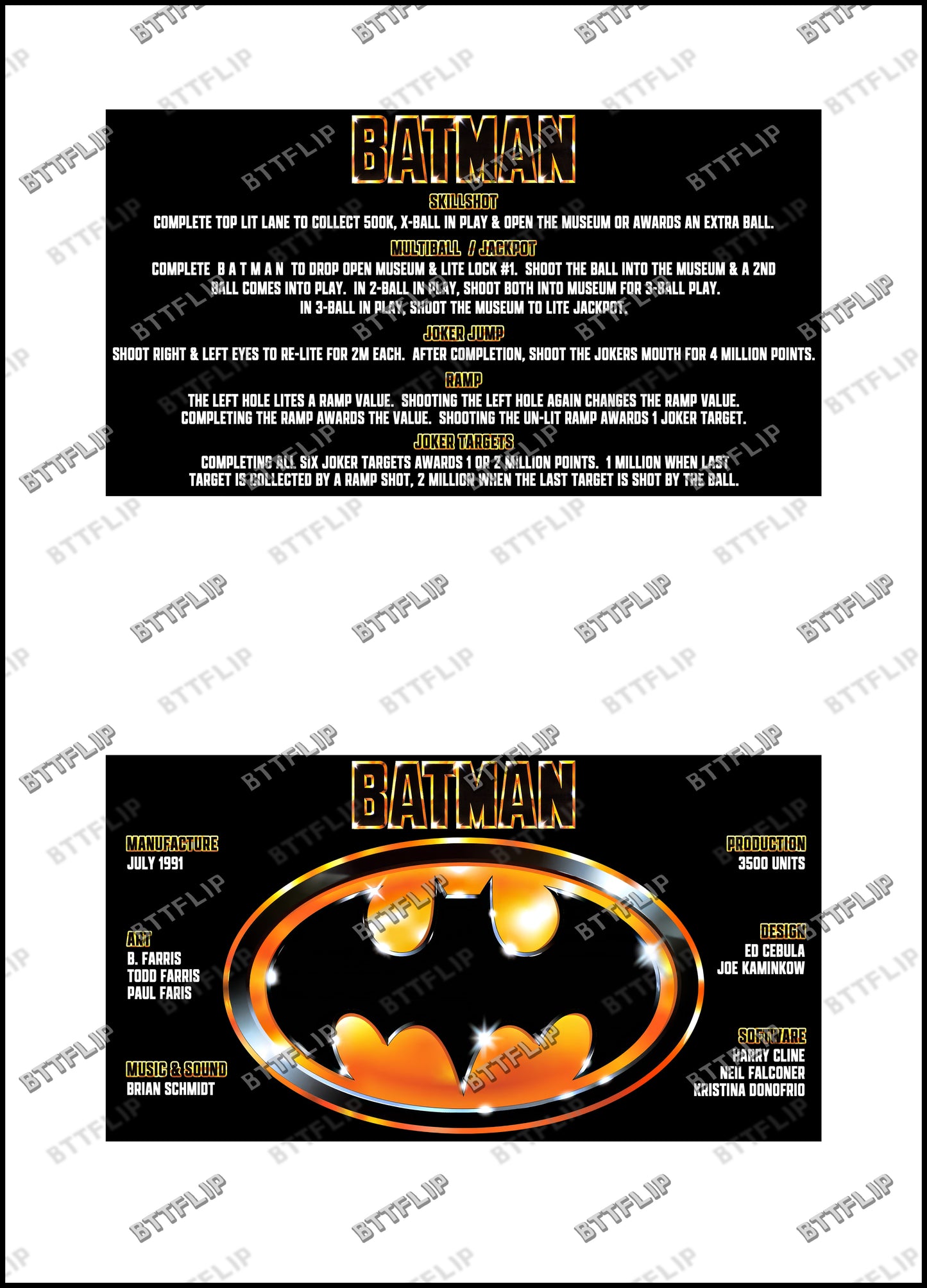 Data East Batman 1991 Game Cards Instructions Pinball Custom Apron Printed Rules V4