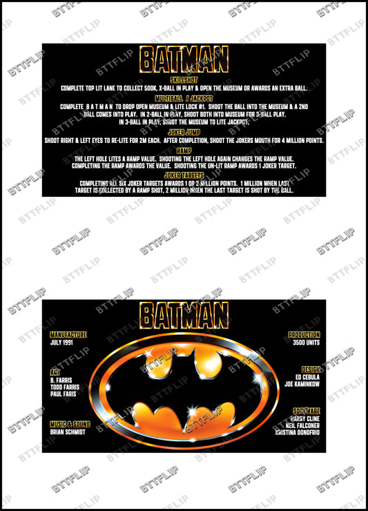 Instrucciones de las tarjetas del juego Batman 1991 de Data East, delantal personalizado de pinball, reglas impresas V4