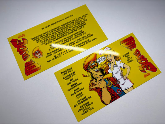 Bally Dr Dude 1990 Jeu Cartes règles Instructions Flipper Custom Apron V2