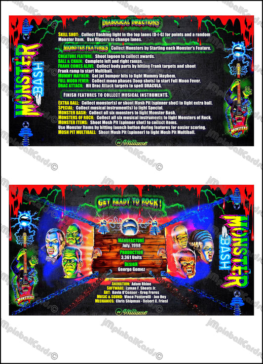 Williams Monster Bash 1998 Jeu Cartes Instructions Flipper Custom Apron règles imprimées V1