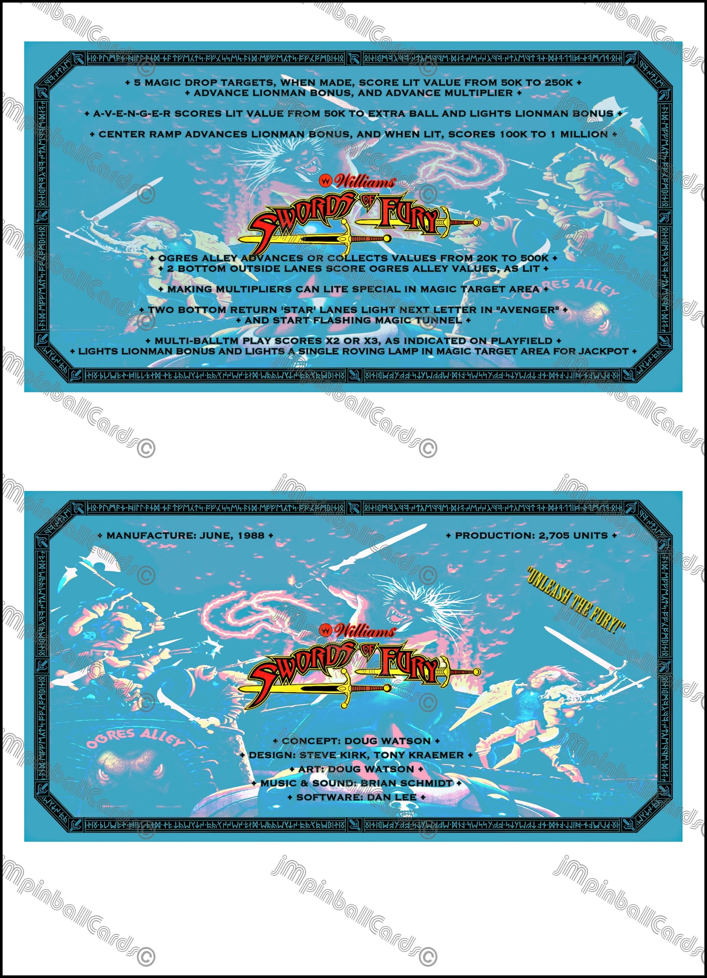 Instrucciones de las tarjetas de juego de Williams Swords of Fury 1988, delantal personalizado de pinball, reglas impresas V1