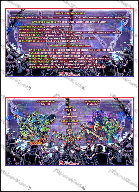 Williams Monster Bash 1998 Jeu Cartes Instructions Flipper Custom Apron règles imprimées V2