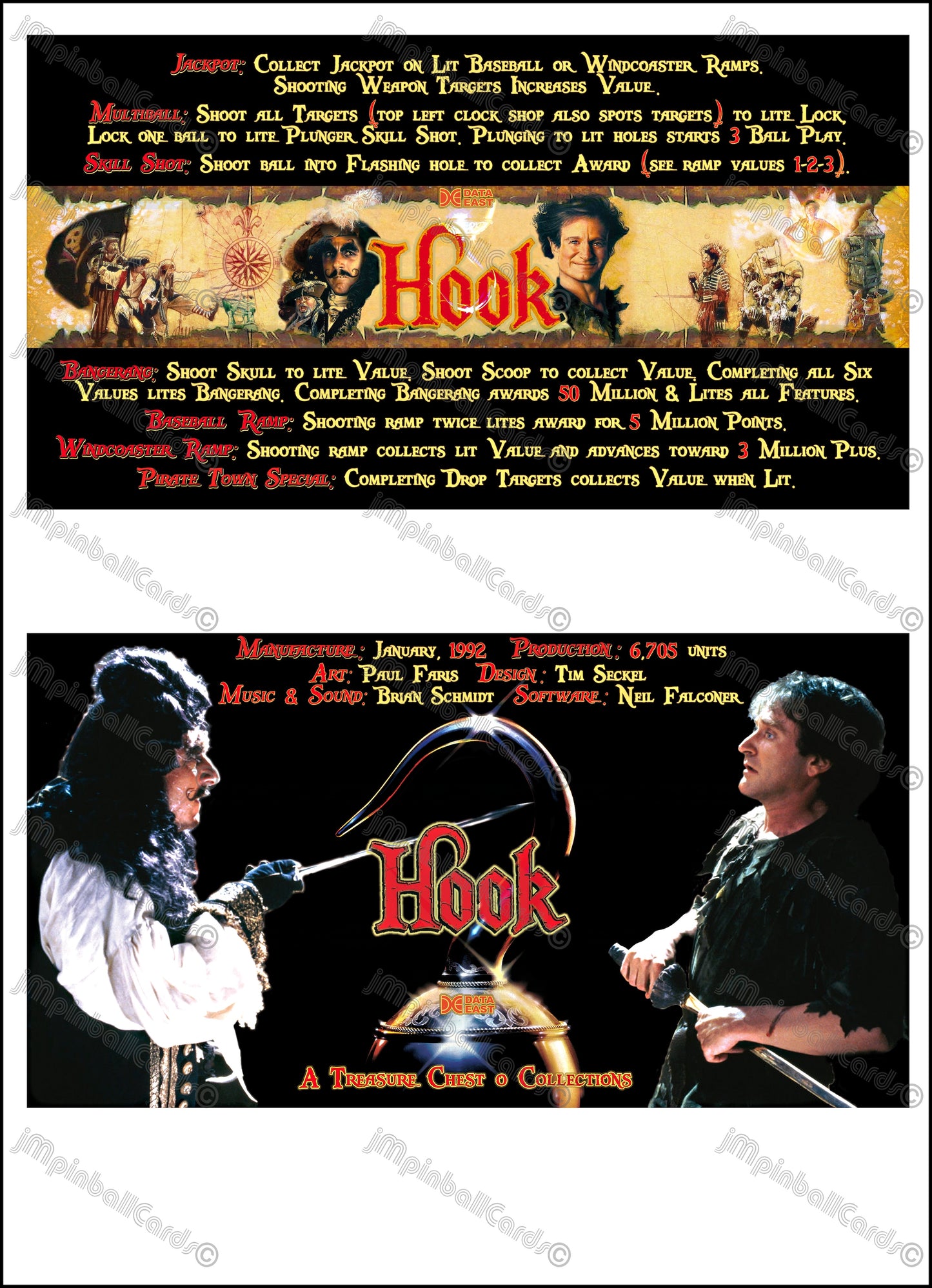 Instrucciones de las tarjetas del juego Data East Hook 1992 Pinball versión 3 - Tarjetas de pinball personalizadas con impresión personalizada