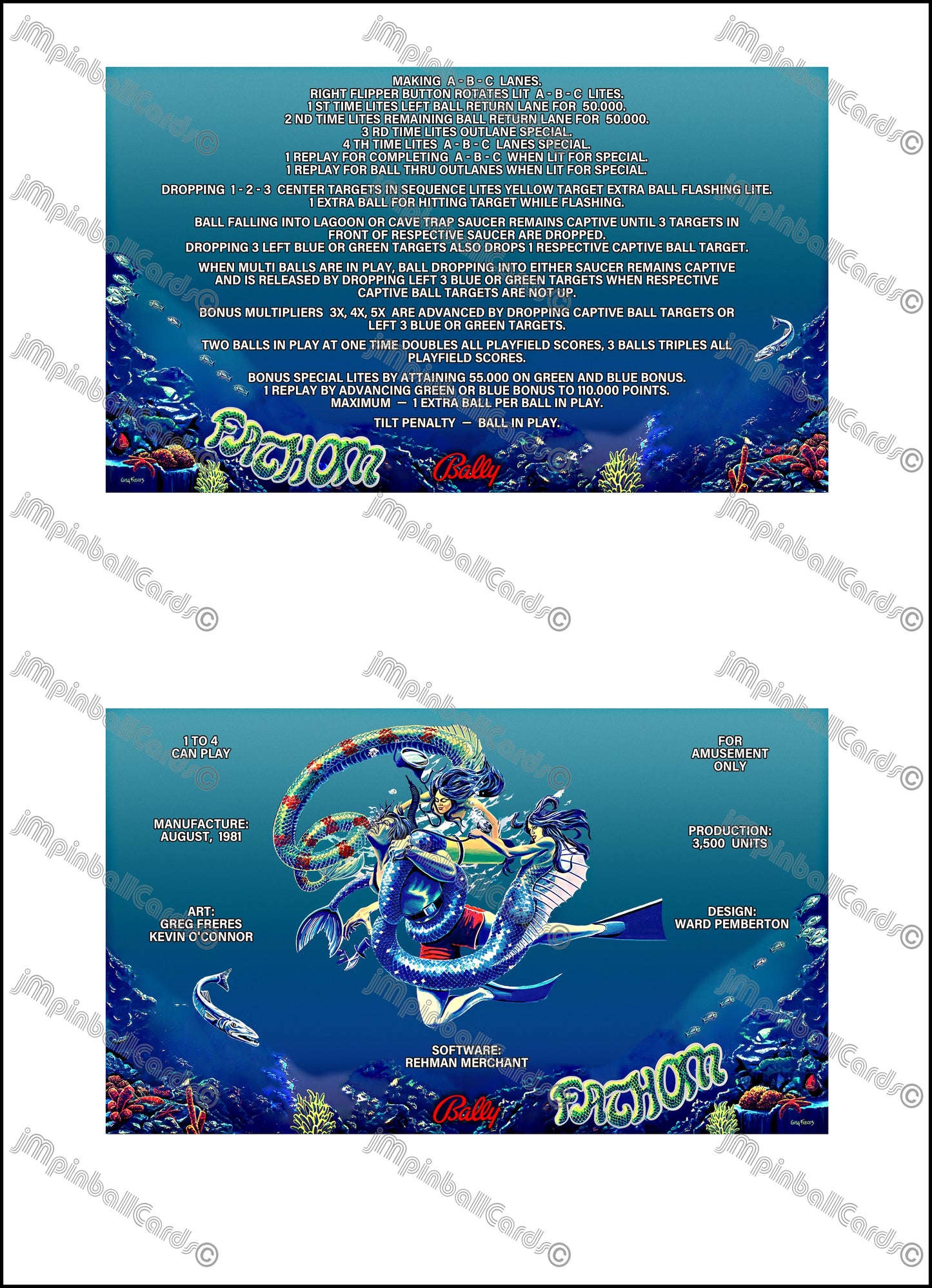 Bally FATHOM 1981 Jeu Cartes Instructions Flipper Custom Apron règles imprimées