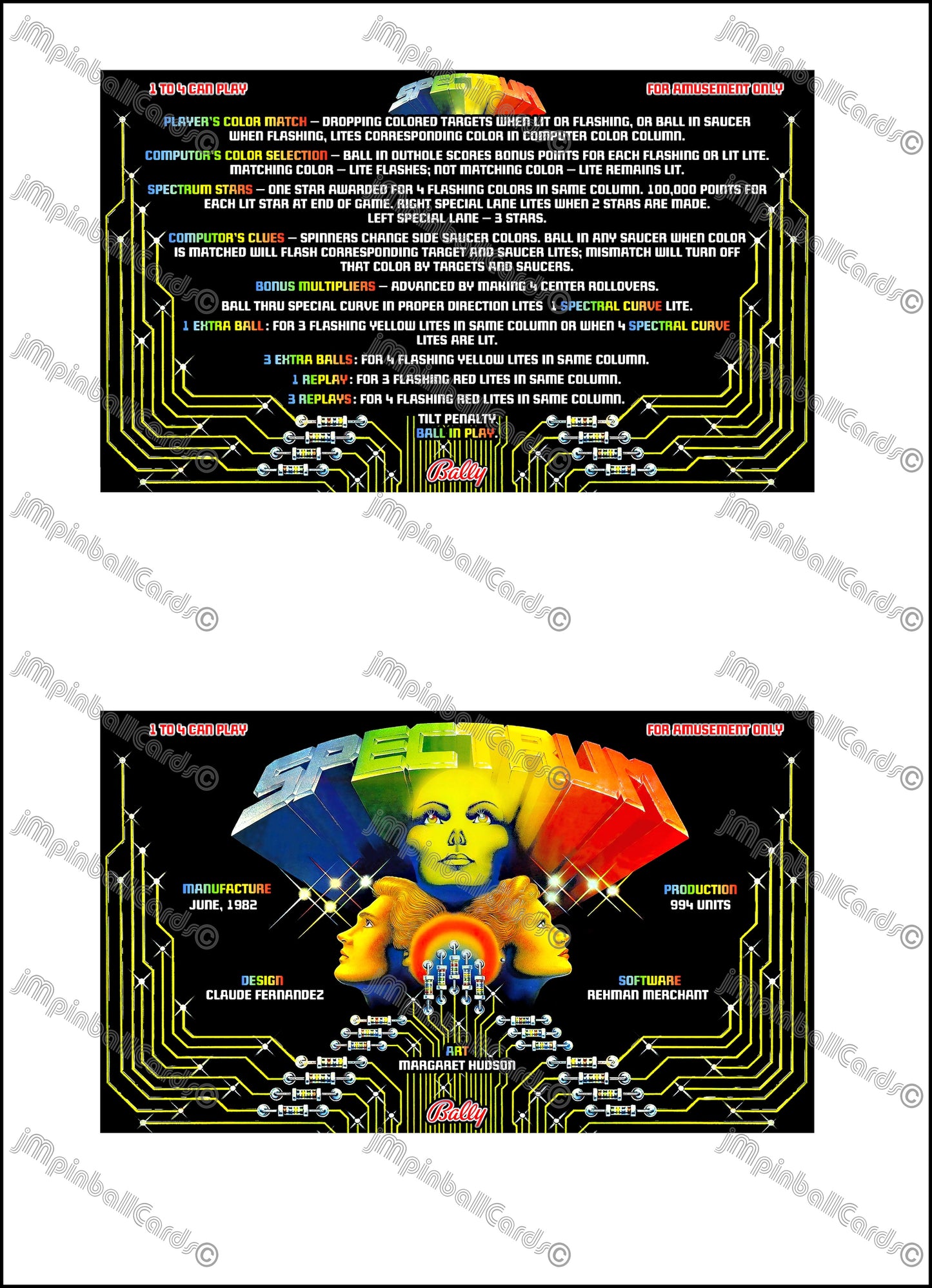 Bally Spectrum 1982 Game Cards Instructions Pinball Machine Custom Apron Printed Rules