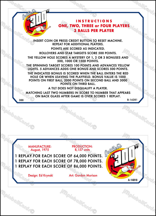 Gottlieb 300 1975 Jeu Cartes Instructions Flipper Custom Apron règles imprimées