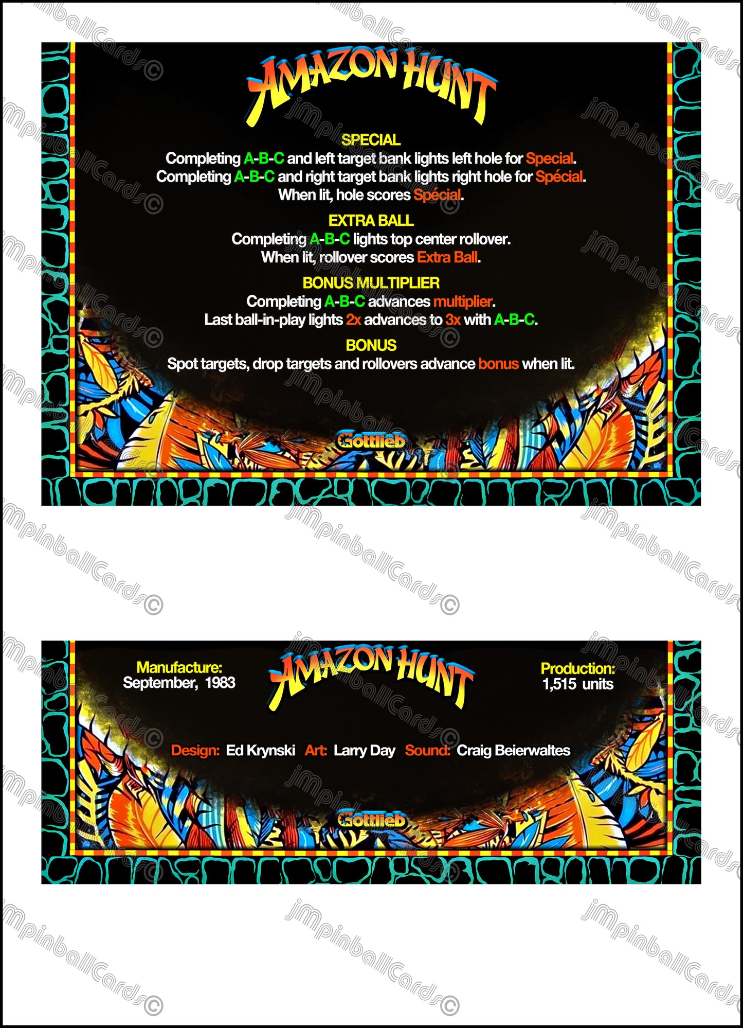 Gottlieb Amazon Hunt 1983 Game Cards Instructions Pinball Custom Apron Printed Rules