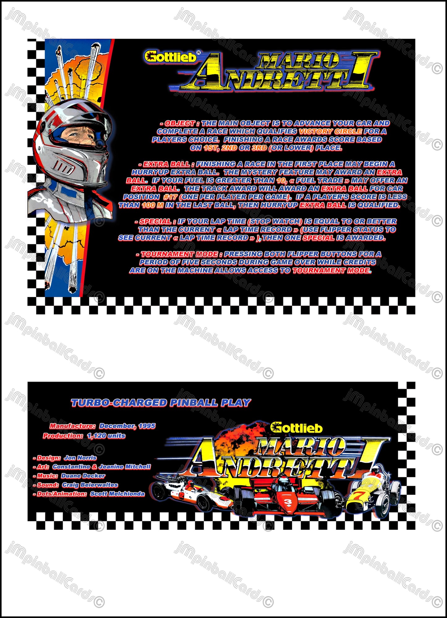 Tarjetas de juego Gottlieb Mario Andretti 1995 Instrucciones de pinball Tarjetas de pinball personalizadas con impresión de delantal