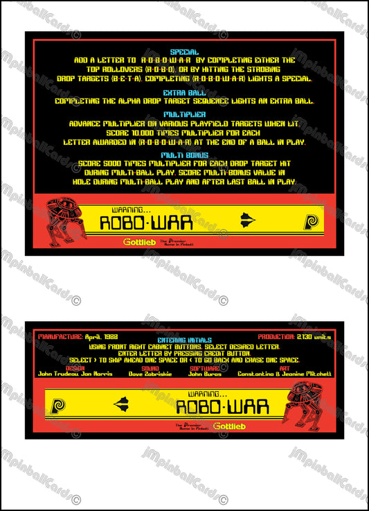 Gottlieb Robo-war 1988 Jeu Cartes Instructions Flipper Custom Apron règles imprimées Robowar