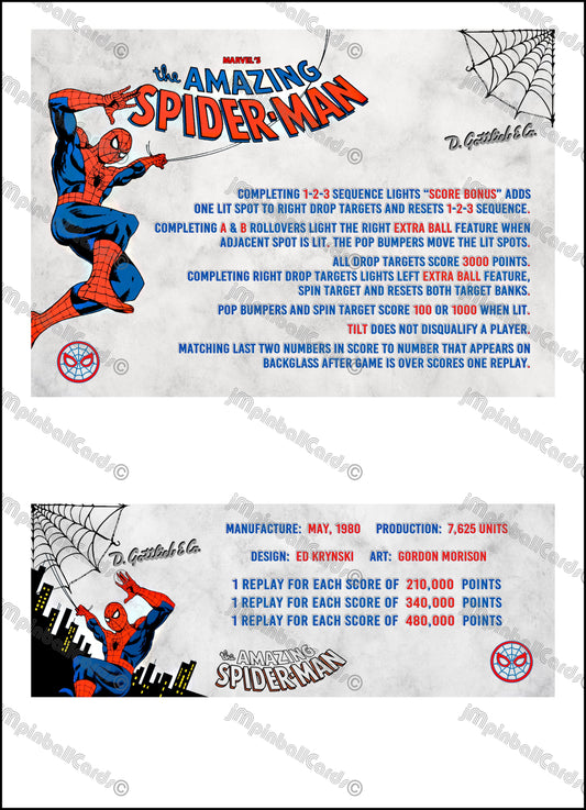 Gottlieb Spider-Man 1980 Jeu Cartes Instructions Flipper Custom Apron règles imprimées