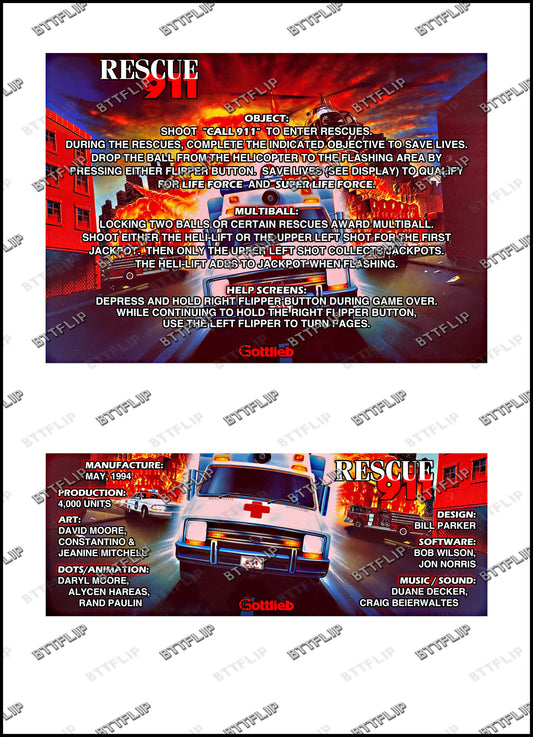 Gottlieb 1994 RESCUE 911 Jeu Cartes Instructions Flipper Custom Apron règles imprimées
