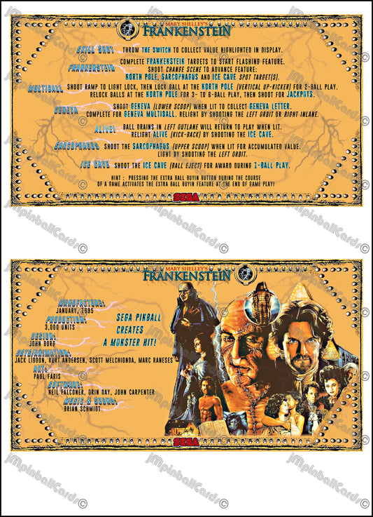 SEGA Mary Shelley's Frankenstein 1995 Game Cards Instructions Pinball Custom Apron Printed Rules