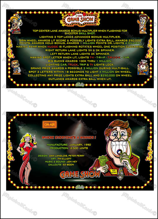 Bally Game Show 1990 Jeu Cartes Instructions Flipper Custom Apron règles imprimées
