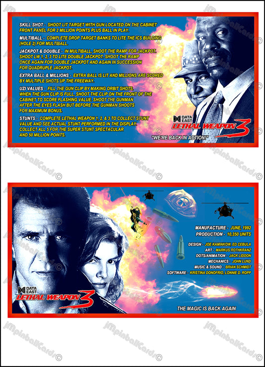 Data East Lethal Weapon 1992 Jeu Cartes Instructions Flipper Custom Apron règles imprimées V1
