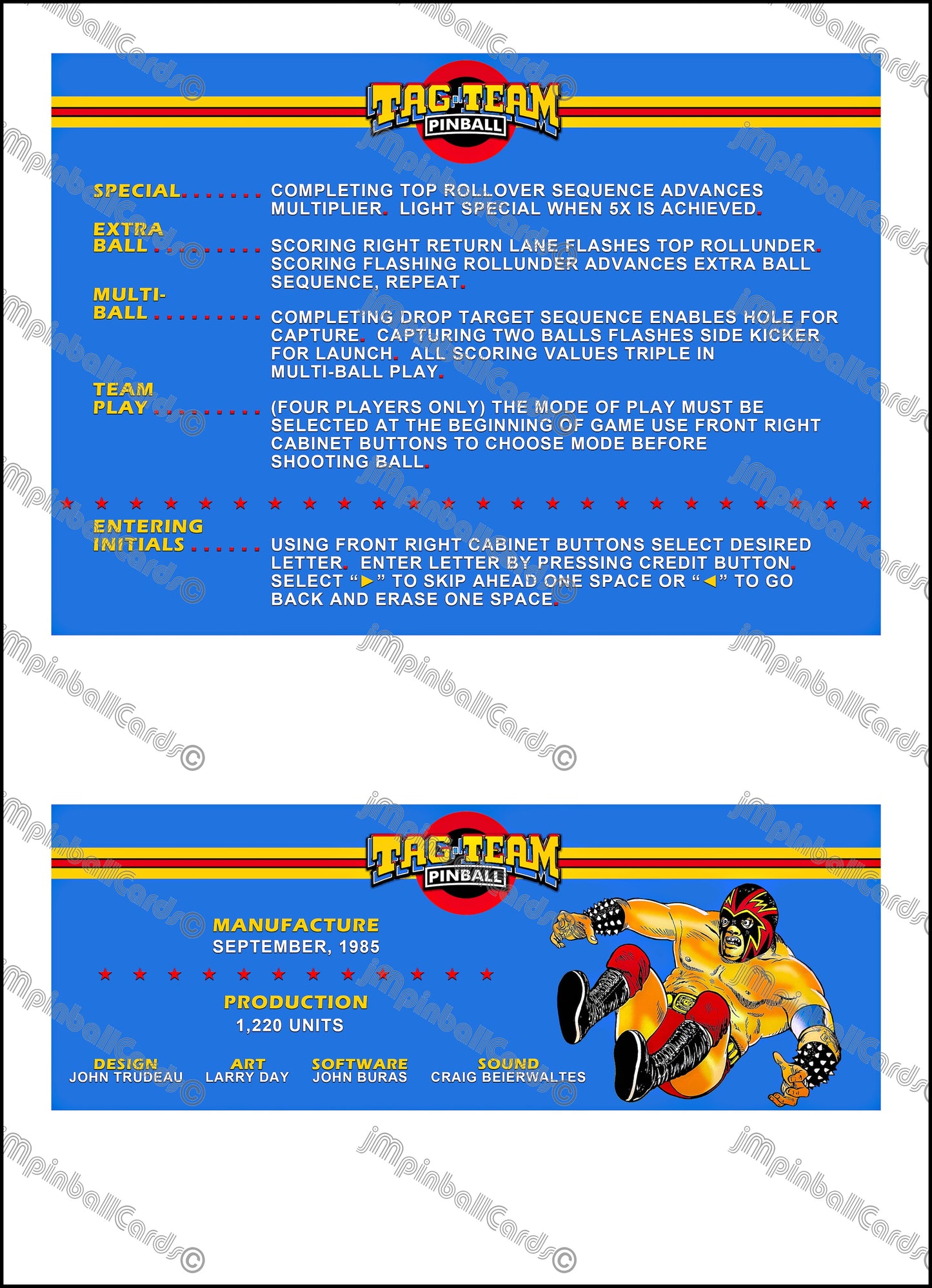 Premier Gottlieb Tag Team Pinball 1985 Jeu Cartes Instructions Flipper Custom Apron règles imprimées V1