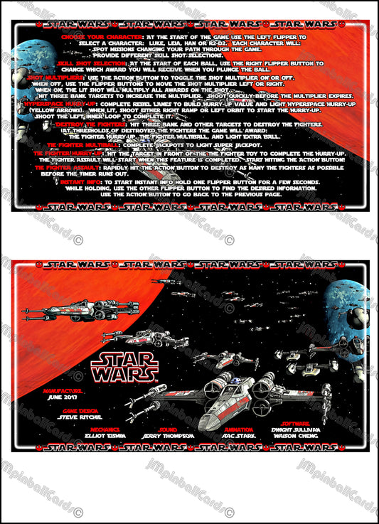Stern Star Wars 2017 Jeu Cartes Instructions Flipper Custom Apron règles imprimées V1