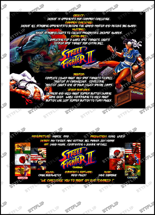 Instrucciones de las tarjetas del juego Gottlieb Street Fighter 1993, delantal personalizado de pinball, reglas impresas V2 BK