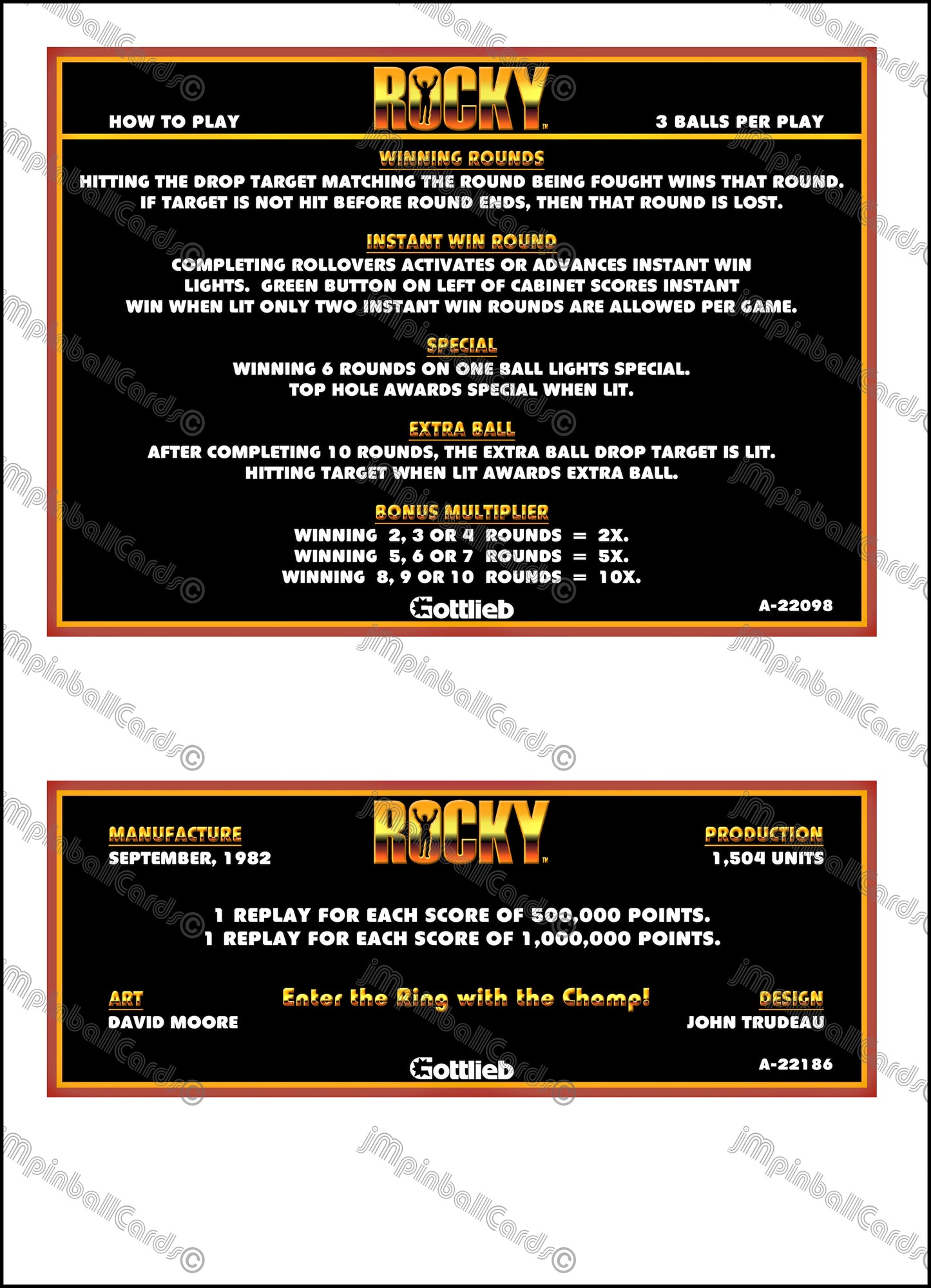 Instrucciones de las tarjetas del juego Gottlieb Rocky 1982 Pinball V2 Tarjetas de delantal de pinball impresas personalizadas