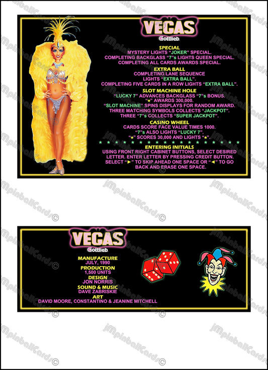 Gottlieb VEGAS 1990 Jeu Cartes Instructions Flipper Custom Apron règles imprimées V2