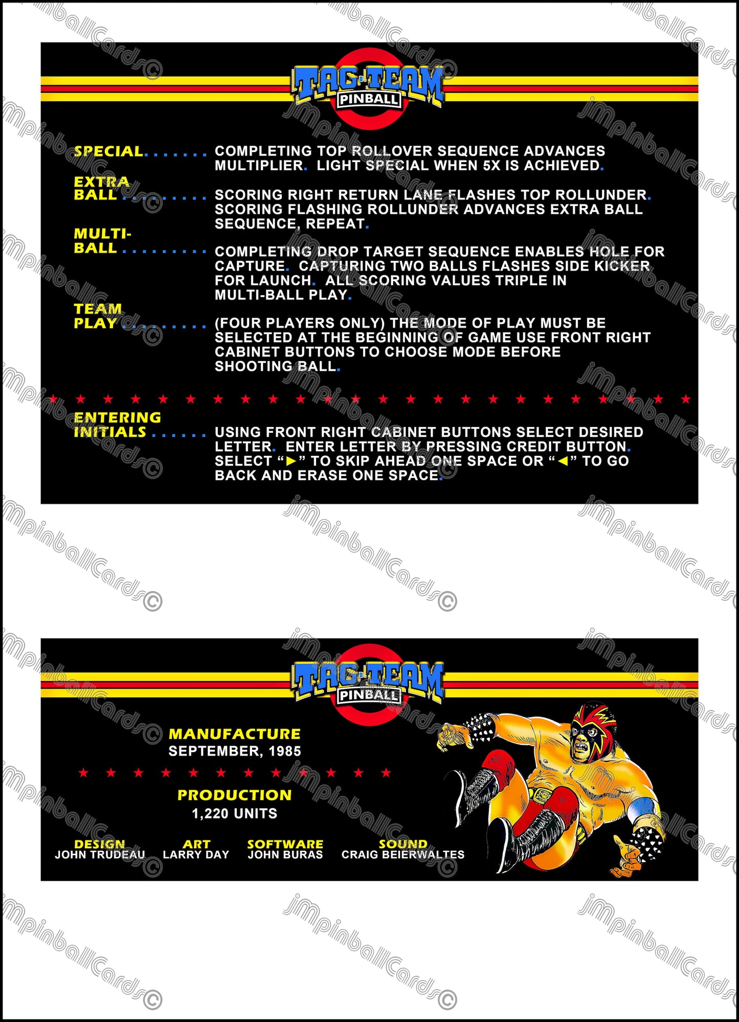 Premier Gottlieb Tag Team Pinball 1985 Jeu Cartes Instructions Flipper Custom Apron règles imprimées V2
