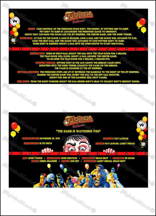 Williams Funhouse 1990 Jeu Cartes Instructions Flipper Custom Apron règles imprimées V2