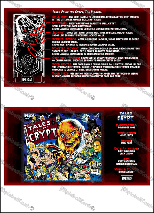 Data East Tales From The Crypt 1993 Game Cards Instructions Pinball Custom Apron Printed Rules V4