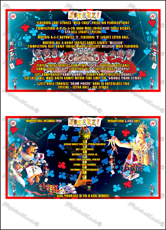 Williams Jokerz 1988 Jeu Cartes Instructions Flipper Custom Apron règles imprimées