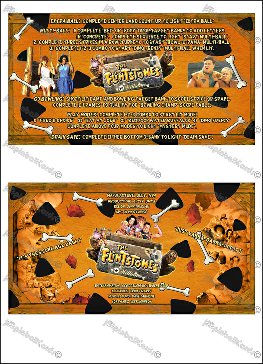 Williams The Flintstones 1994 Jeu Cartes Instructions Flipper Custom Apron règles imprimées V1