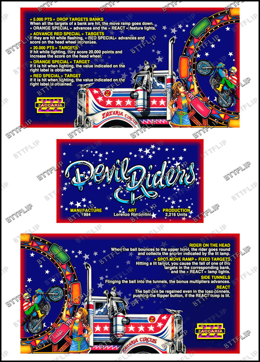 Zaccaria DEVIL RIDERS 1984 Set Cartes Instructions Flipper Custom Apron règles imprimées