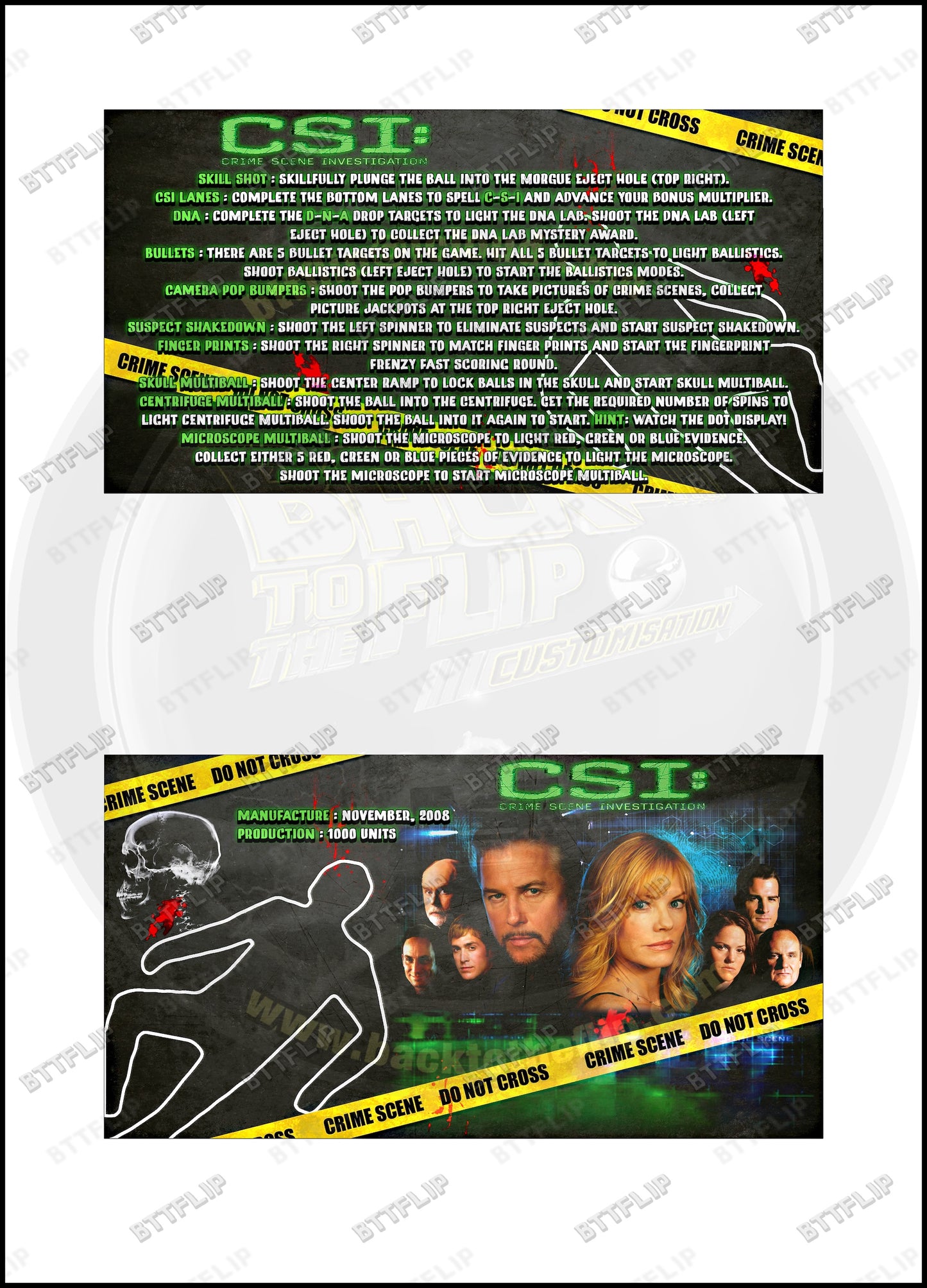 Cartes d'instructions custom apron flipper Stern CSI Crime Scene Investigation 2008 (set de 2)