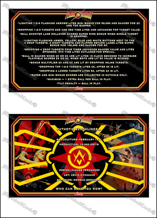 Instrucciones de las tarjetas del juego Bally Flash Gordon 1981, delantal personalizado de pinball, reglas impresas V1 M-1508-96-E