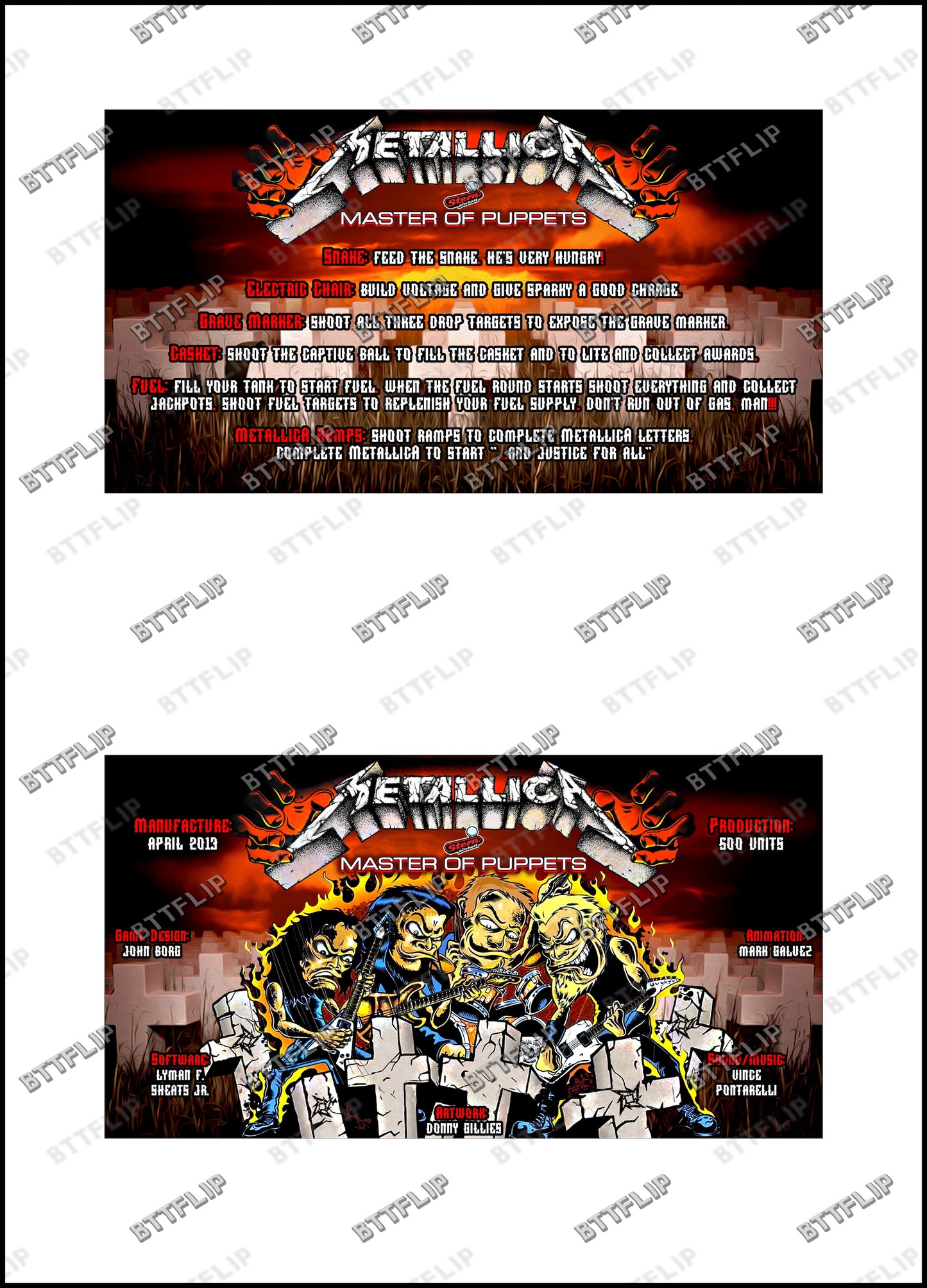Stern Metallica Master Of Puppets 2013 Juego de Cartas reglas Instrucciones Pinball Custom Apron