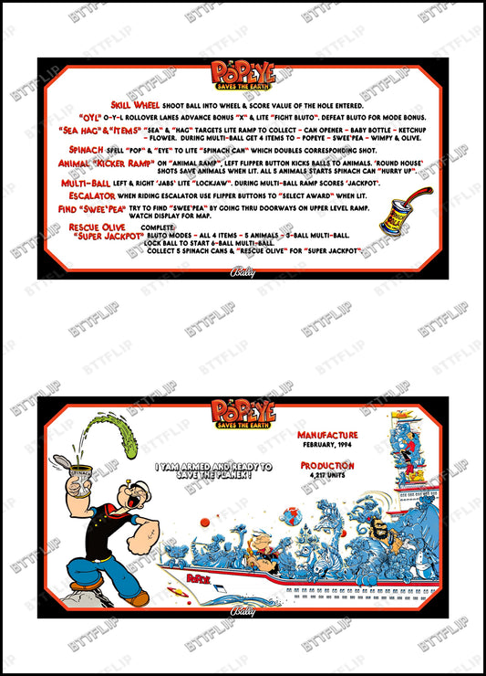 Bally Popeye 1994 Card Game Rules Instructions Pinball Custom Apron V1