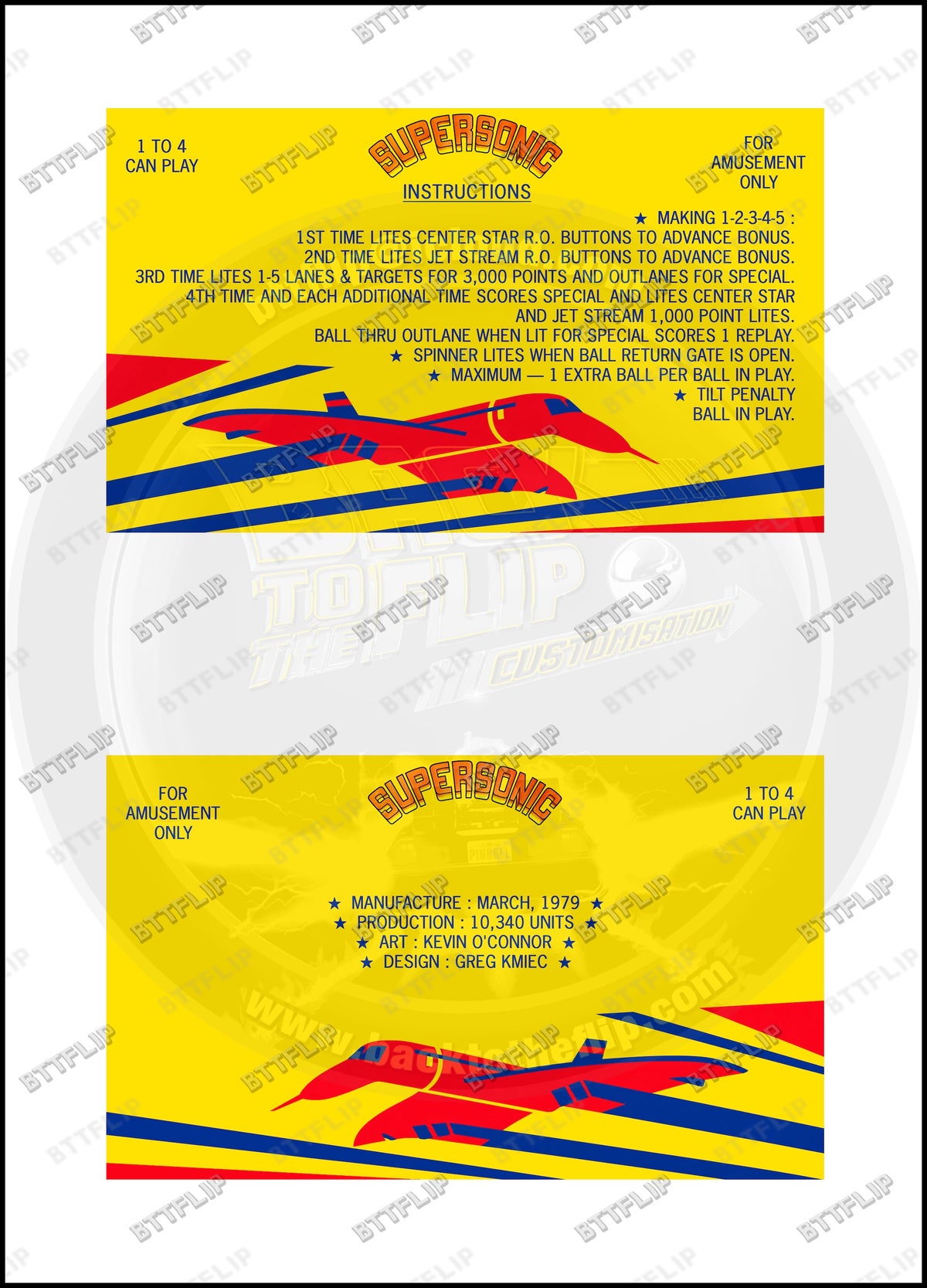 Cartes d'instructions custom apron flipper Bally Supersonic 1979 V1 (set de 2)