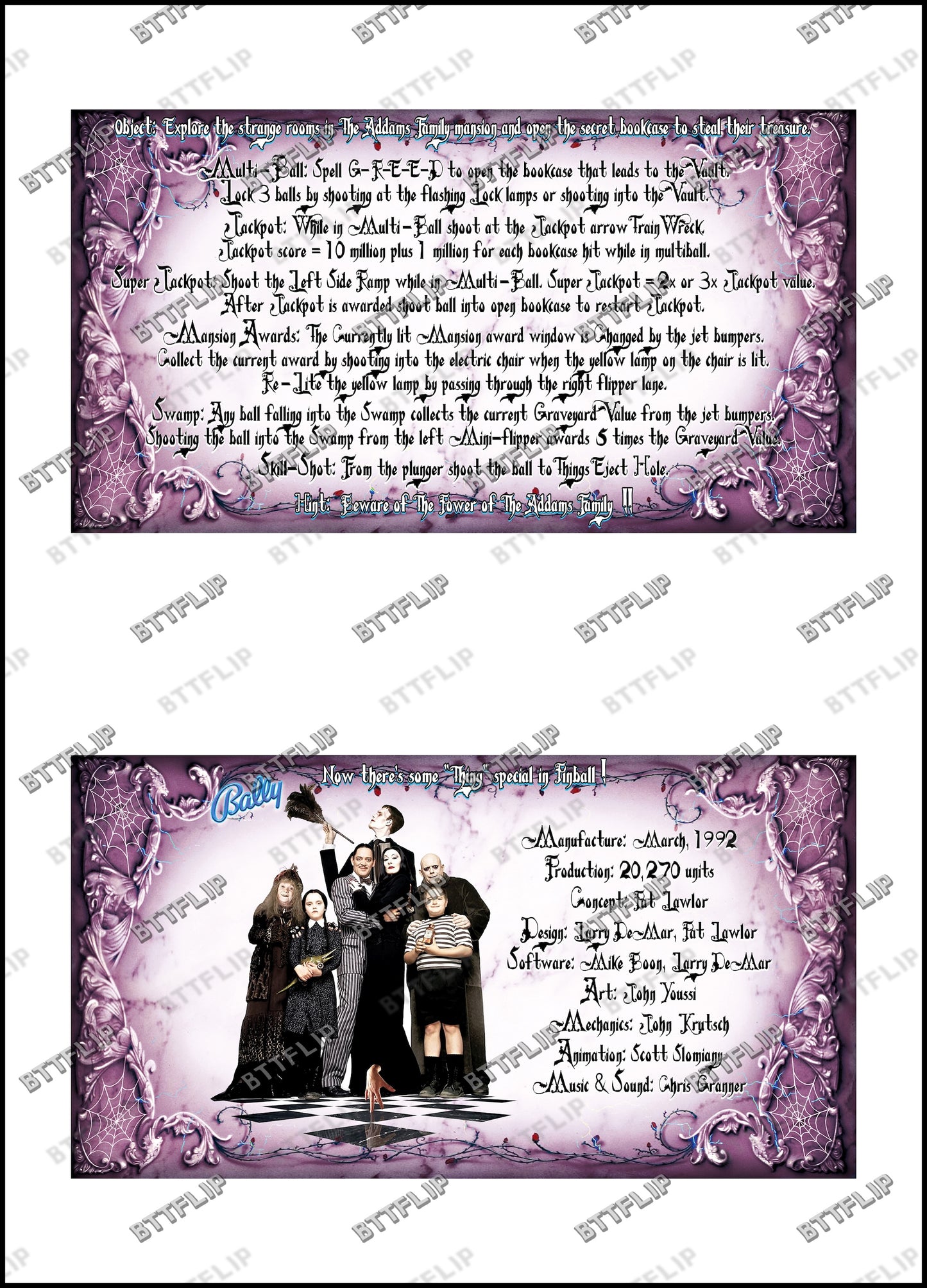 Instrucciones de las tarjetas del juego Bally The Addams Family 1992, máquina de pinball, delantal personalizado, reglas impresas V1