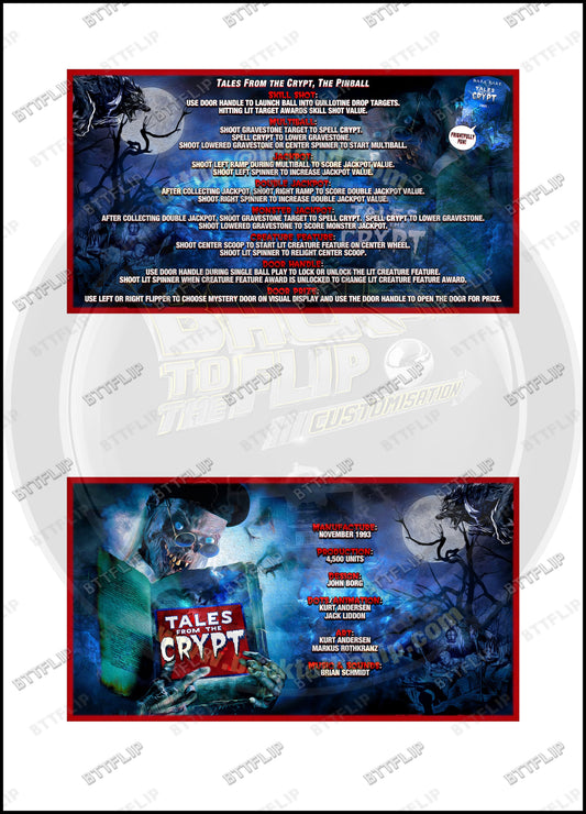 Cartes d'instructions custom apron flipper Data East Tales From The Crypt 1993 V1 (set de 2)