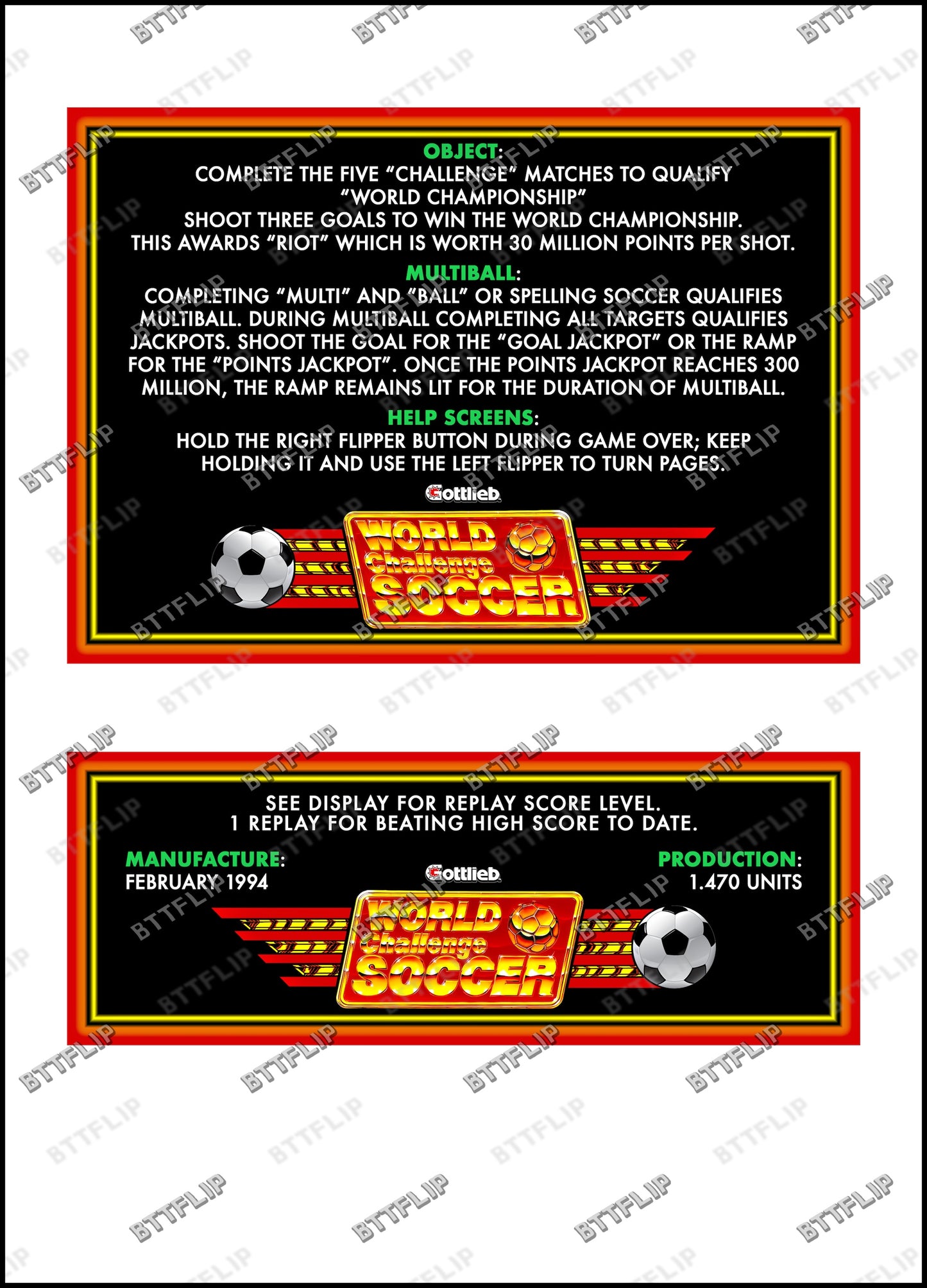 Gottlieb World Challenge Soccer 1994 Jeu Cartes règles Instructions Flipper Custom Apron V1