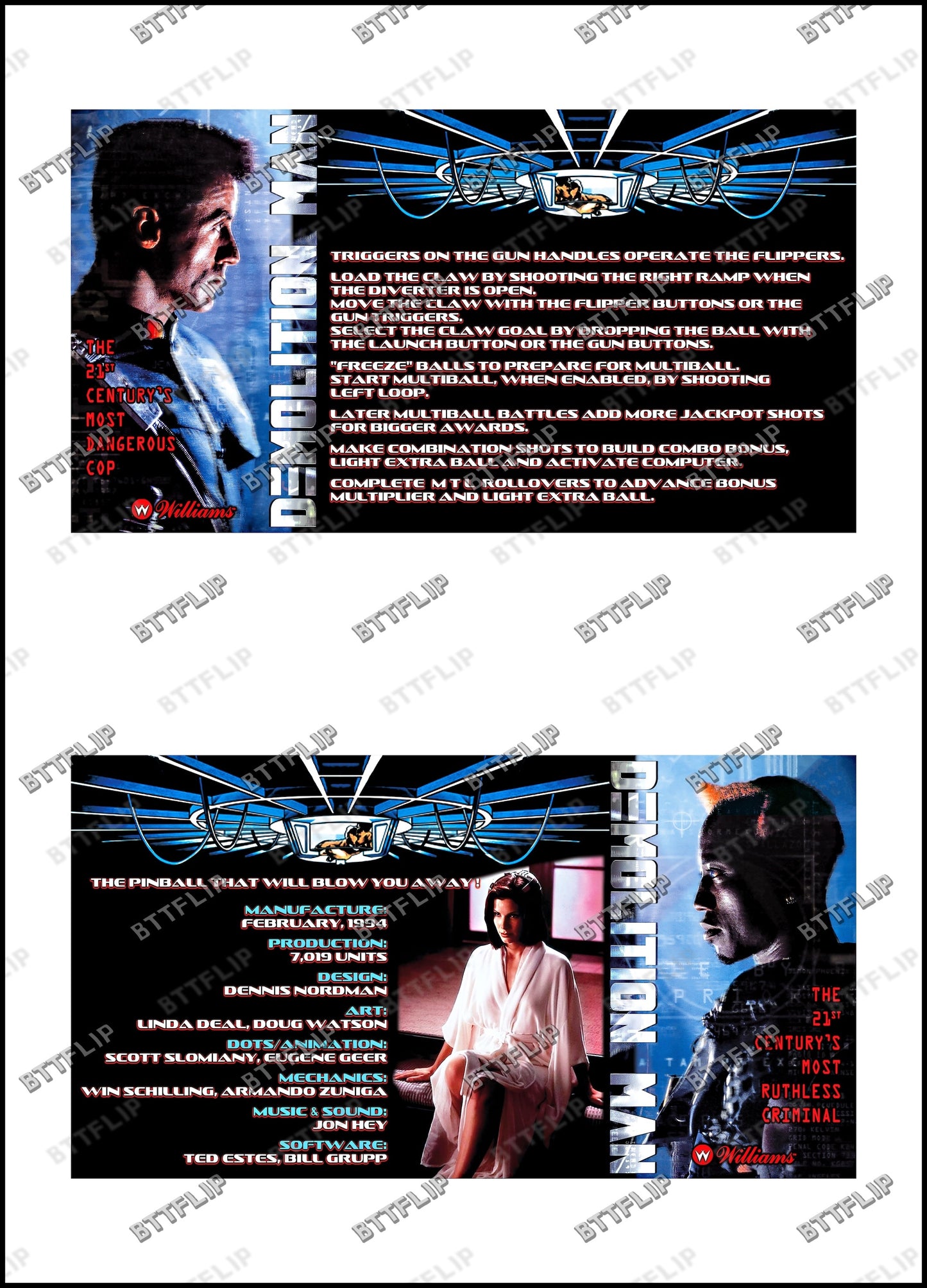 Williams Demolition Man 1994 Game Cards Instructions Pinball Custom Apron Printed Rules