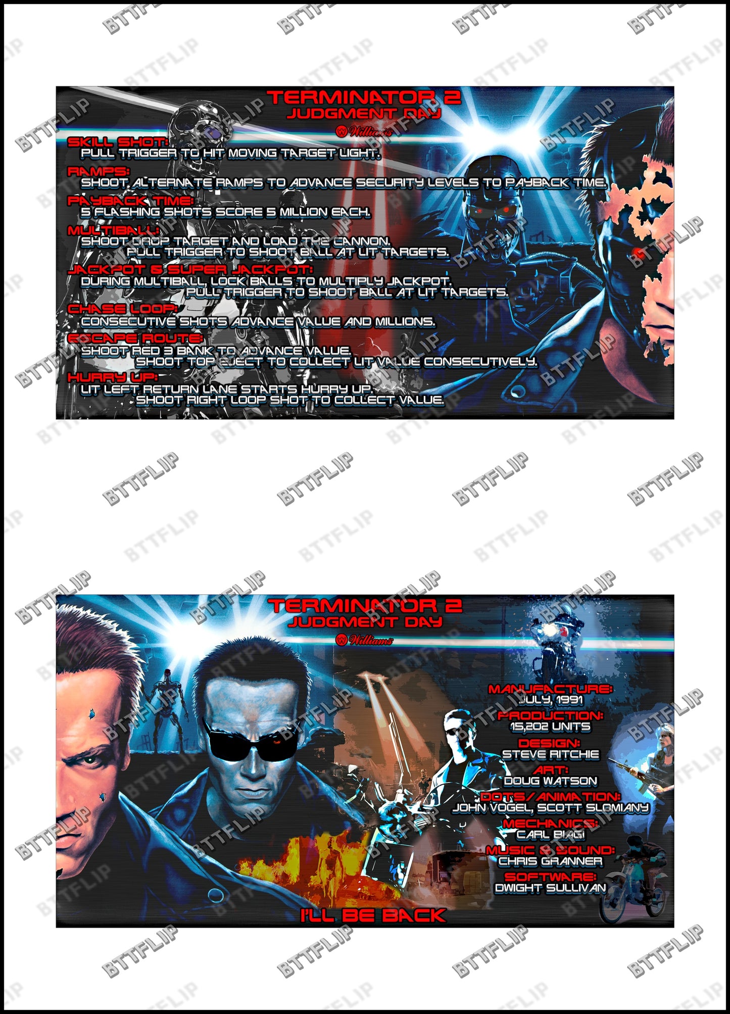 Williams T2 Terminator 2 1991 Juego Cartas Reglas Instrucciones Pinball Custom Apron V1